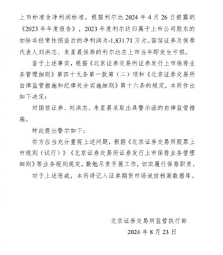 因保荐利尔达项目在上市当年即发生亏损 国信证券被北交所出具警示函