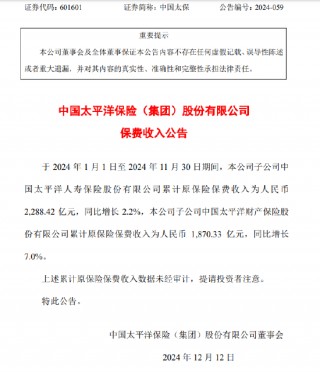 中国太保：前11个月累计寿险保费收入2288.42亿元 同比增长2.2%