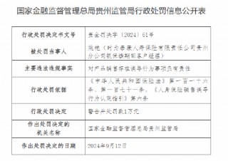 泰康人寿贵州分公司被罚42万元：因未如实记录保险业务事项等违法违规行为
