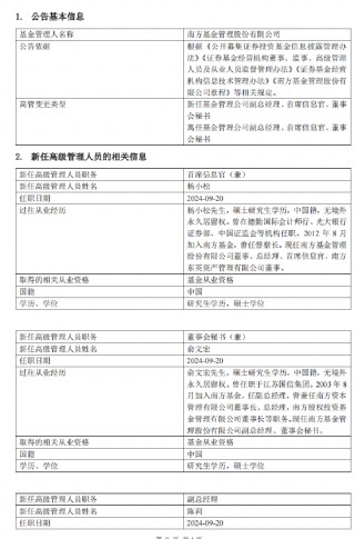 南方基金完成高管团队换届 杨小松担任公司总经理兼首席信息官