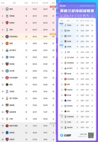 英超积分榜最新排名(德甲20242025积分榜)