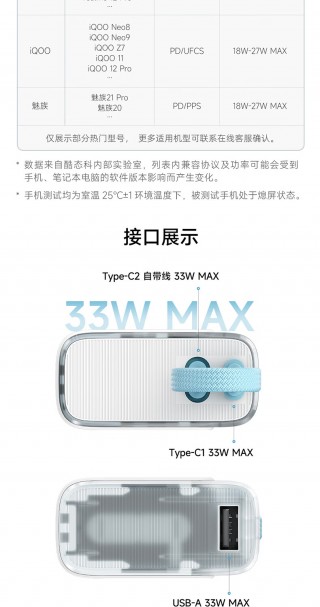 酷态科电能块 CP133L 充电宝预售：10000mAh、更高 33W、自带编织线，到手价 99 元