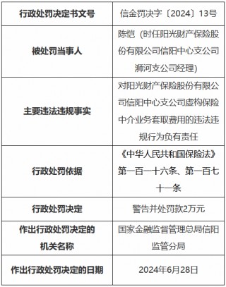 阳光财险信阳中心支公司被罚11万元：虚构保险中介业务套取费用