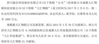 能信科技以26.8万将持有大汇物联公司8.5%的股权 *** 给大汇科技集团