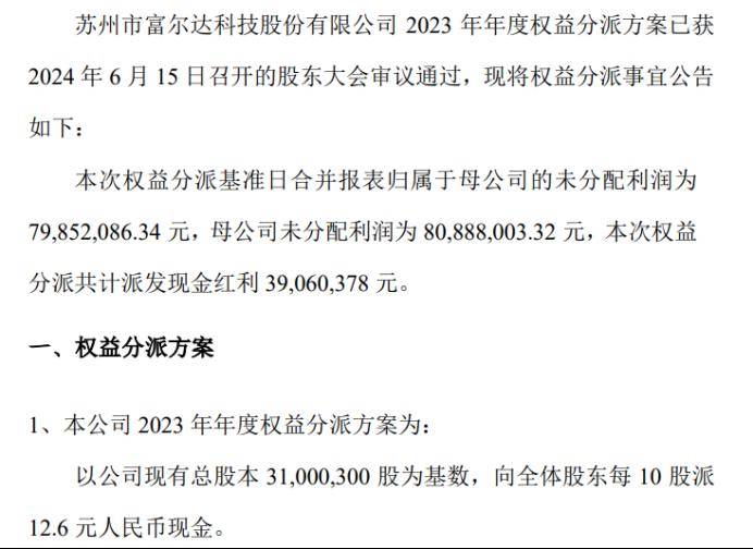 富尔达2023年度权益分派每10股派现12.6元 共计派发现金红利3906.04万元  第1张