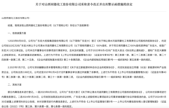 因信息披露及内幕信息管理违规 同德化工被警示并责令改正  第1张