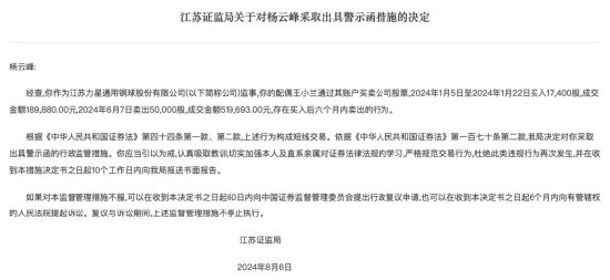 因配偶短线交易公司股票 力星股份监事杨云峰被警示  第1张