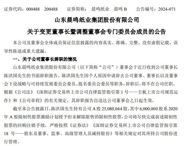 国内更大造纸企业之一突发公告！晨鸣纸业董事长夫妇同时辞职  第1张